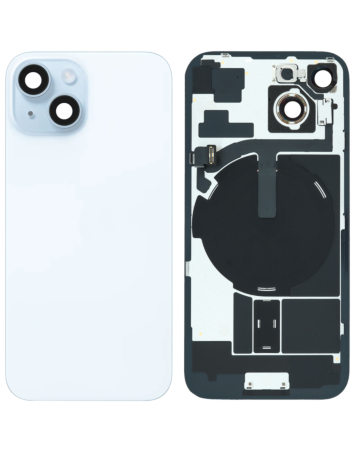 Grab the wholesale deals on the blue back glass, OEM pull A grade, with frame, wireless NFC charging flex, and MagSafe magnet for iPhone 15.