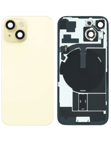 Shop the yellow back glass with frame, wireless NFC charging flex, and MagSafe magnet for iPhone 15, OEM pull A grade.