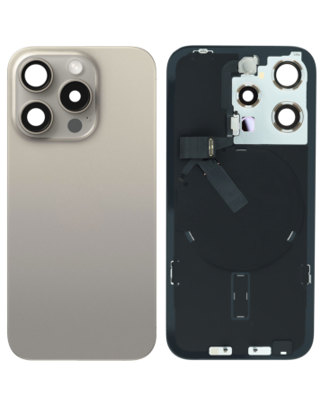 Order the Back Glass in Natural Titanium with Frame and Wireless NFC Charging Flex and MagSafe Magnet for iPhone 15 Pro, OEM Pull B Grade.
