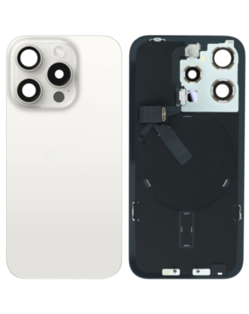 Shop the Back Glass in White Titanium with Frame and Wireless NFC Charging Flex and MagSafe Magnet for iPhone 15 Pro, OEM Pull B Grade.
