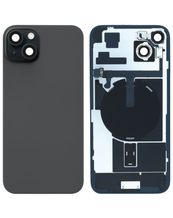 Order the back glass with frame, wireless NFC charging flex, and MagSafe magnet for iPhone 15 Plus — black, OEM pull B grade.