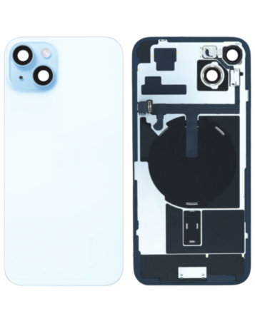 Order the blue back glass with frame, wireless NFC charging flex, and MagSafe magnet for iPhone 15 Plus — OEM pull A grade.