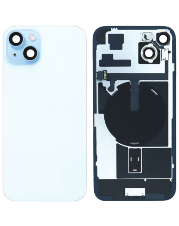 Purchase the back glass with frame, wireless NFC charging flex, and MagSafe magnet for iPhone 15 Plus — blue, OEM pull B grade.