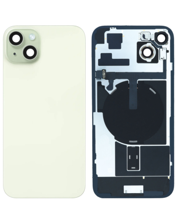 Purchase the green back glass with frame, wireless NFC charging flex, and MagSafe magnet for iPhone 15 Plus — OEM pull A grade.