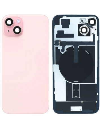 Grab the wholesale deals on the pink back glass with frame, wireless NFC charging flex, and MagSafe magnet for iPhone 15 Plus — OEM pull A grade.