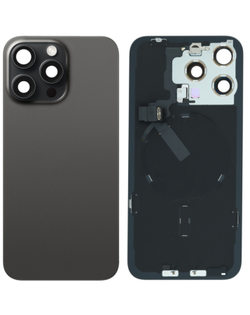 Purchase the Back Glass in Black Titanium, OEM Pull B Grade, with Frame, Wireless NFC Charging Flex, and MagSafe Magnet for iPhone 15 Pro Max.
