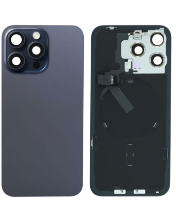 Stock up on the Back Glass in Blue Titanium, OEM Pull A Grade, with frame, wireless NFC charging flex, and MagSafe magnet for iPhone 15 Pro Max.