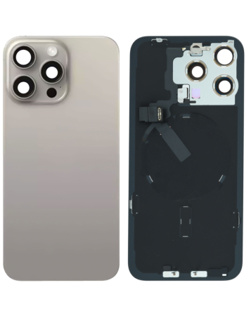 Buy the Back Glass in Natural Titanium, OEM Pull A Grade, with frame, wireless NFC charging flex, and MagSafe magnet for iPhone 15 Pro Max.