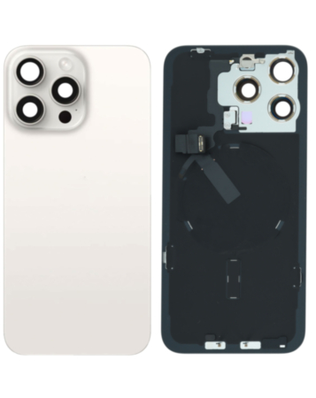 Buy the Back Glass in White Titanium, OEM Pull B Grade, with Frame, Wireless NFC Charging Flex, and MagSafe Magnet for iPhone 15 Pro Max.