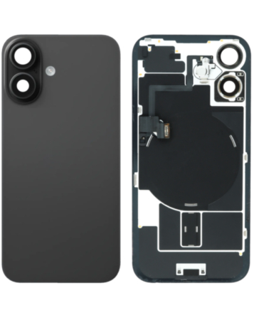 Stock up on the back glass with frame, wireless NFC charging flex, and MagSafe magnet for iPhone 16 in black, OEM Pull B Grade.