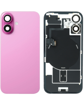 Shop the back glass with frame, wireless NFC charging flex, and MagSafe magnet for iPhone 16 in pink, OEM Pull B Grade.