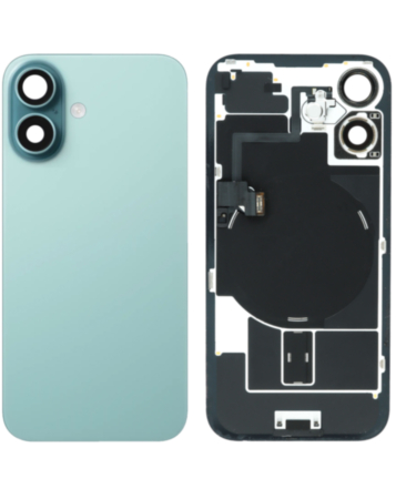 Order the back glass with frame, wireless NFC charging flex, and MagSafe magnet for iPhone 16 in teal, OEM Pull B Grade.
