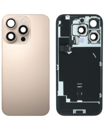 Purchase the Desert Titanium Back Glass with Frame, Wireless NFC Charging Flex, and MagSafe Magnet for iPhone 16 Pro, OEM Pull B Grade.