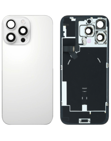 Purchase the White Titanium Back Glass with Frame, Wireless NFC Charging Flex, and MagSafe Magnet for iPhone 16 Pro Max, OEM Pull A Grade.