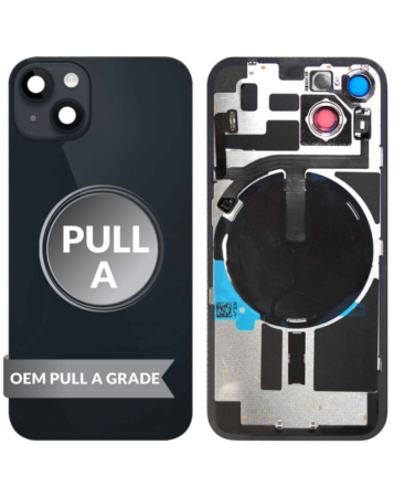 Grab the wholesale deals on the midnight OEM pull A grade back glass with frame, wireless NFC charging flex, and MagSafe magnet for iPhone 14.