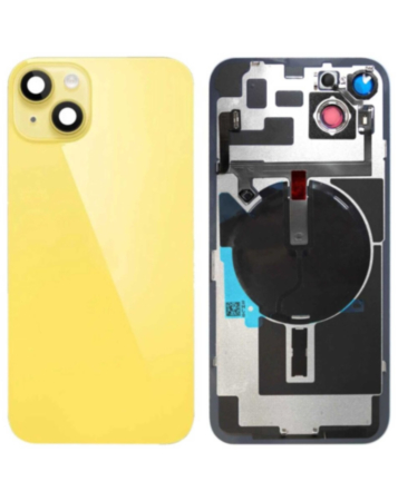 Stock up on the back glass with frame, wireless NFC charging flex, and MagSafe magnet for the iPhone 14 Plus — in Yellow, OEM pull A grade.
