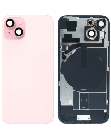 Buy the pink back glass, OEM pull A grade, with frame, wireless NFC charging flex, and MagSafe magnet for iPhone 15.