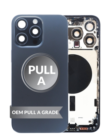 Buy the Back Housing Frame in Blue Titanium, US Version, OEM Pull A Grade, with Small Components Pre-Installed for iPhone 15 Pro Max.