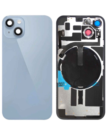 Buy the blue OEM pull B grade back glass with frame, wireless NFC charging flex, and MagSafe magnet for iPhone 14.

