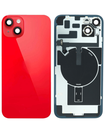 Purchase the back glass with frame, wireless NFC charging flex, and MagSafe magnet for the iPhone 14 Plus — in Red, OEM pull B grade.