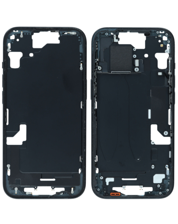 Buy the Middle Frame with Parts for iPhone 15, Black, International Version, OEM Pull B Grade.

