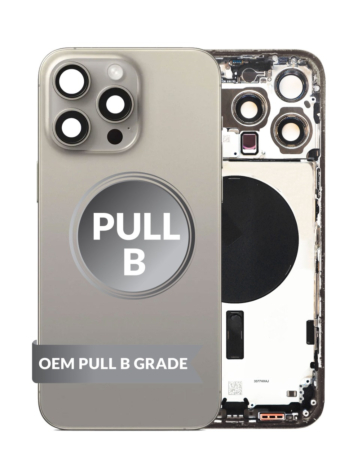 Stock up on the Back Housing Frame in Natural Titanium, US Version, OEM Pull B Grade, with Small Components Pre-Installed for iPhone 15 Pro Max.
