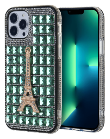 Crystal Stones Case with Paris Adornment - GREEN for iPhone XR (Only Ground Shipping)