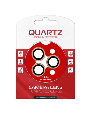 Buy the QUARTZ HD tempered glass with metal ring for the iPhone 14 Pro and 14 Pro Max back camera in Gold.