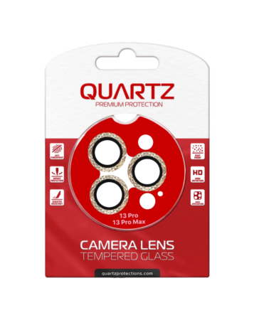 Stock up on the QUARTZ HD Tempered Glass with Iced Out Square Camera Lens for iPhone 13 Pro Max 13 Pro Back Camera GOLD.