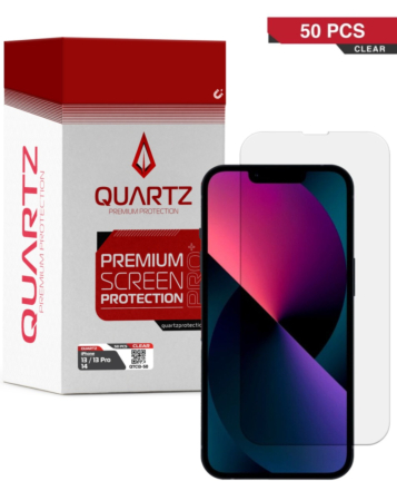 QUARTZ Clear Tempered Glass for iPhone 13 / 13 Pro / 14 / 16e / 17e (Pack of 50)