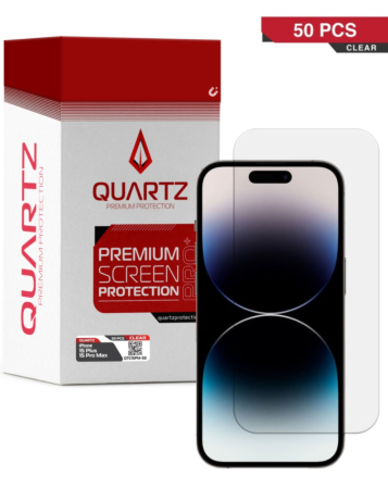 Stock up on the QUARTZ Clear Tempered Glass for iPhone 15 Plus and 15 Pro Max, pack of 50.