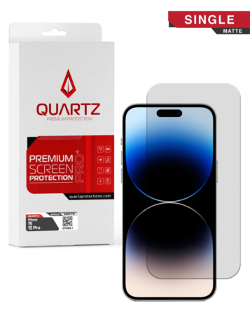 Buy the QUARTZ Matte Tempered Glass for iPhone 15 and 15 Pro, Single Pack.
