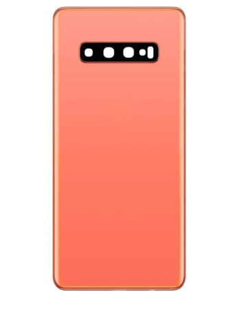 Stock up on the back glass with camera lens and adhesive for Galaxy S10 Plus in Flamingo Pink, no logo.