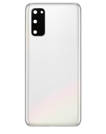 Stock up on the back glass with camera lens and adhesive for the Galaxy S20, no logo, in Cloud White.