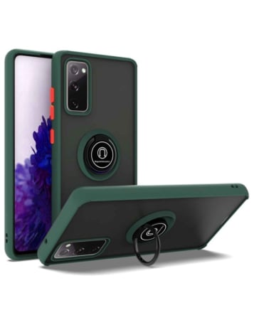 Galaxy S20 FE Hard PC Rear / Soft TPU Colorful Border Case with I-ring Holder - DARK GREEN (Only Ground Shipping)