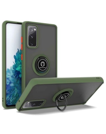 Galaxy S20 FE Hard PC Rear / Soft TPU Colorful Border Case with I-ring Holder - NAVY GREEN (Only Ground Shipping)