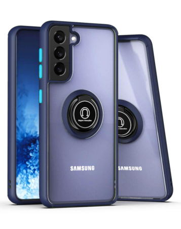 Galaxy S21 Hard PC Rear / Soft TPU Colorful Border Case with I-ring Holder - NAVY BLUE (Only Ground Shipping)
