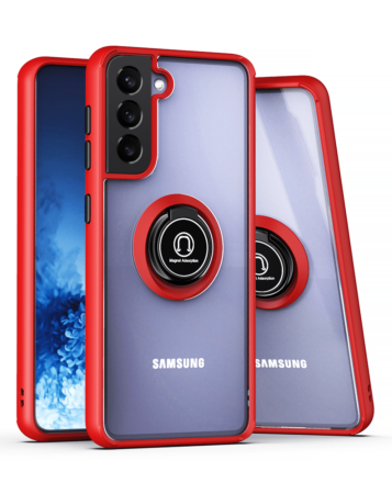 Galaxy S21 FE Hard PC Rear / Soft TPU Colorful Border Case with I-ring Holder - RED (Only Ground Shipping)