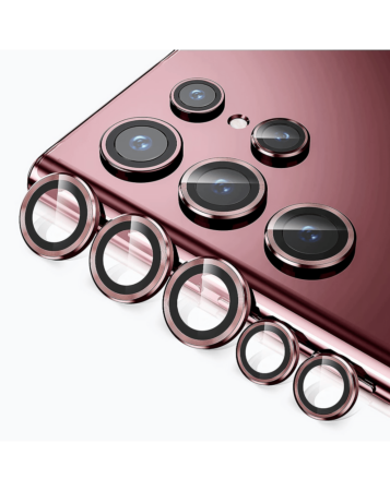 Order the metal ring with HD tempered glass for Galaxy S22 Ultra in burgundy.