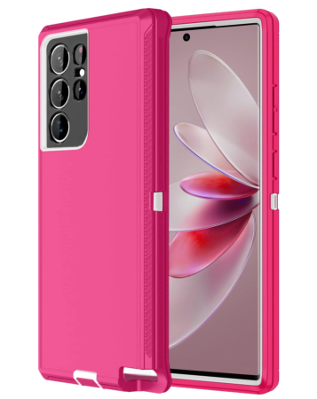 Heavy Duty Case for Galaxy S22 Ultra (HOT PINK & WHITE) (Only Ground Shipping)