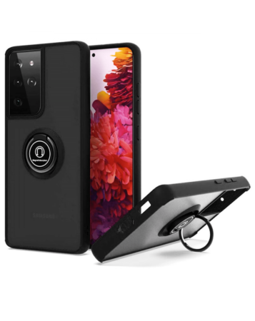 Galaxy S22 Ultra Hard PC Rear / Soft TPU Colorful Border Case with I-ring Holder - BLACK (Only Ground Shipping)