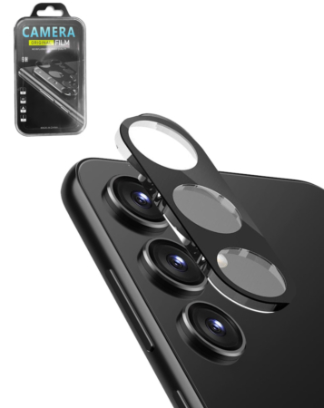 Buy the back camera tempered glass for Galaxy S23 and S23 Plus in black.