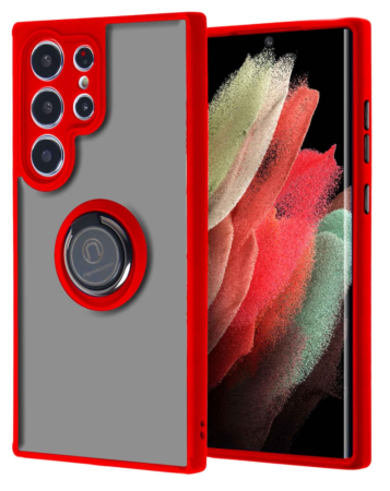 Galaxy S23 Ultra Hard PC Rear / Soft TPU Colorful Border Case with I - ring Holder - RED (Only Ground Shipping)