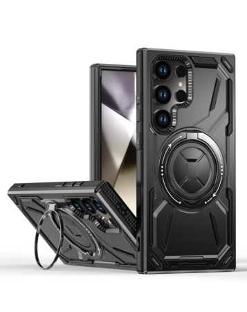 Full-Body Rugged Shockproof Case with Built-in Ring Holder - BLACK for Galaxy S24 Ultra (Only Ground Shipping)