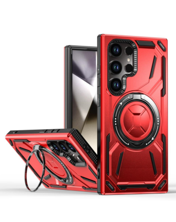 Full-Body Rugged Shockproof Case with Built-in Ring Holder - RED for Galaxy S25 Ultra (Only Ground Shipping)