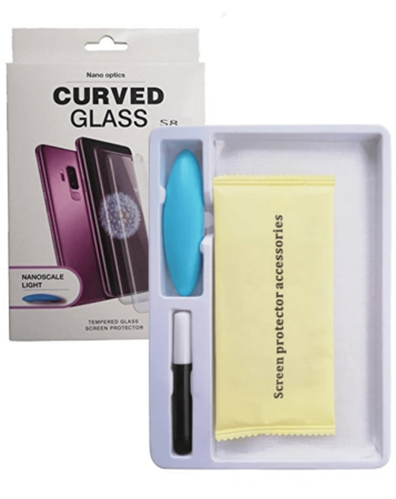 Buy the Full Glue Tempered Glass with Nano Liquid, Install Kit, and UV Light for Galaxy Note 9 and Note 8, Case-Friendly.