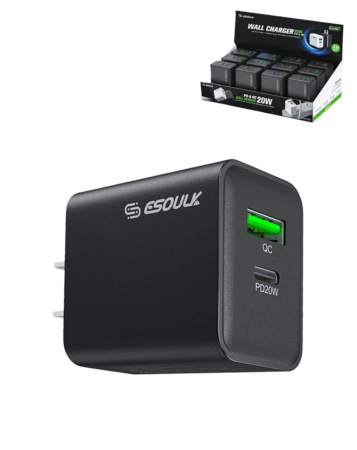 Esoulk PD & QC Wall Charger (BLACK) (20W) (Pack of 12) (Only Ground Shipping)