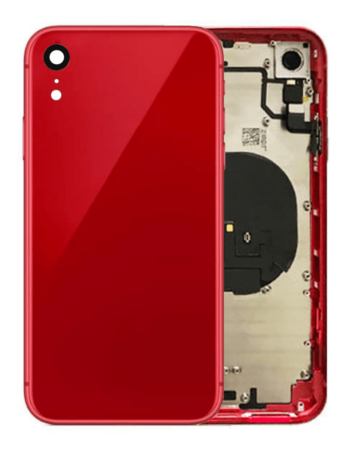 Stock up on the Back Housing Frame with Small Components Pre-Installed for iPhone XR in red, without logo.