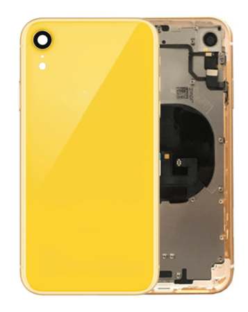 Purchase the Back Housing Frame with Small Components Pre-Installed for iPhone XR in yellow, without logo.