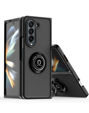 Galaxy Z Fold 5 Hard PC Rear / Soft TPU Colorful Border Case with I - ring Holder - BLACK (Only Ground Shipping)